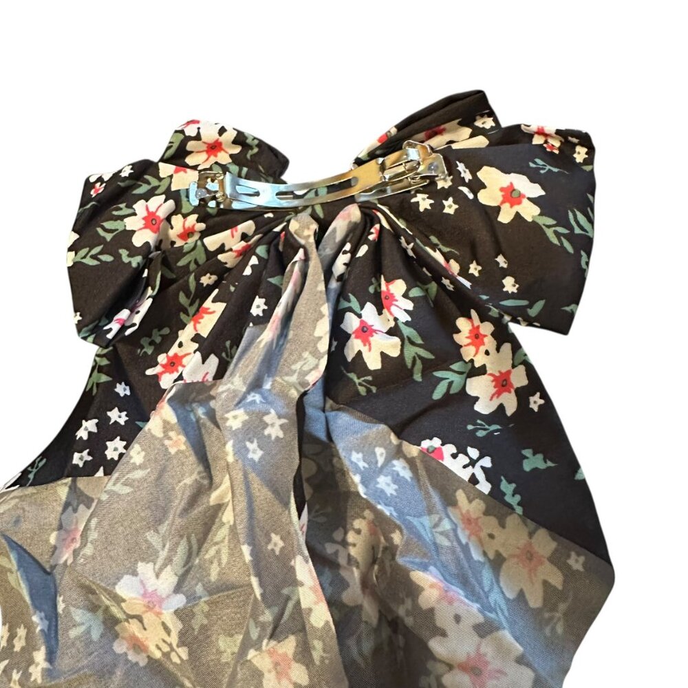 New Edwardian Black and Pink Floral Fabric Long Hair Bow Clip - Picture 3 of 3